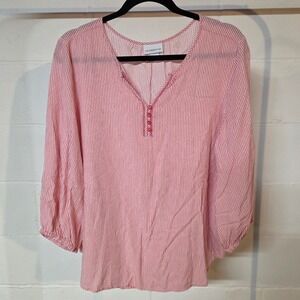 Liz Claiborne Pink White Striped V Neck 3 Button Sleeve Blouse XL Spring Summer